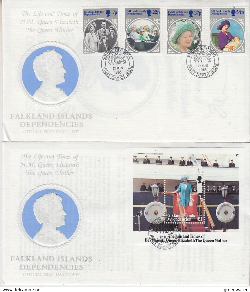 Falkland Islands Dependencies (FID) 1985  Life And Times Of The Queen Mother 4v  + M/s FDC (59694) - Zuid-Georgia