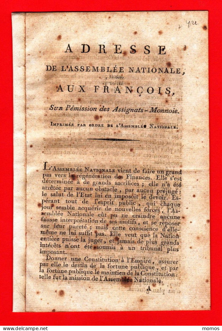 ADRESSE DE L'ASSEMBLEE NATIONALE , AUX FRANCOIS , SUR L'EMISSION DES ASSIGNATS - MONNOIES . * DOCUMENT 2 * - REVOLUTION - Assignats & Mandats Territoriaux