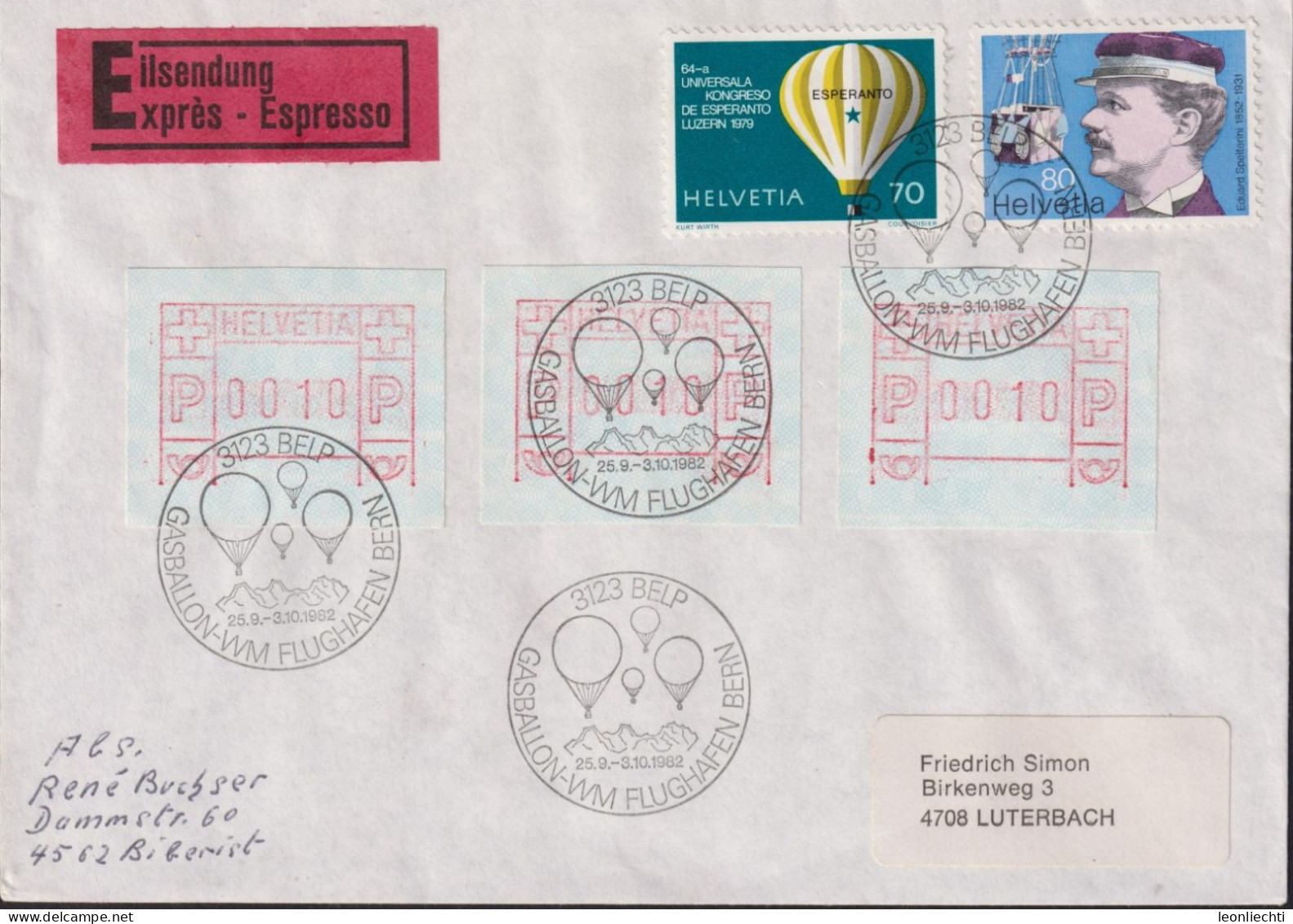 1982 Schweiz ° Gasballon-WM Flughafen Bern, Mischfrankatur Mit ATM, Express - Briefe U. Dokumente