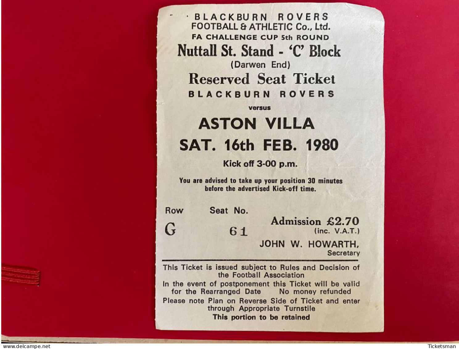 Football Ticket Billet Jegy Biglietto Eintrittskarte Blackburn Rovers - Aston Villa 16/02/1980 - Toegangskaarten