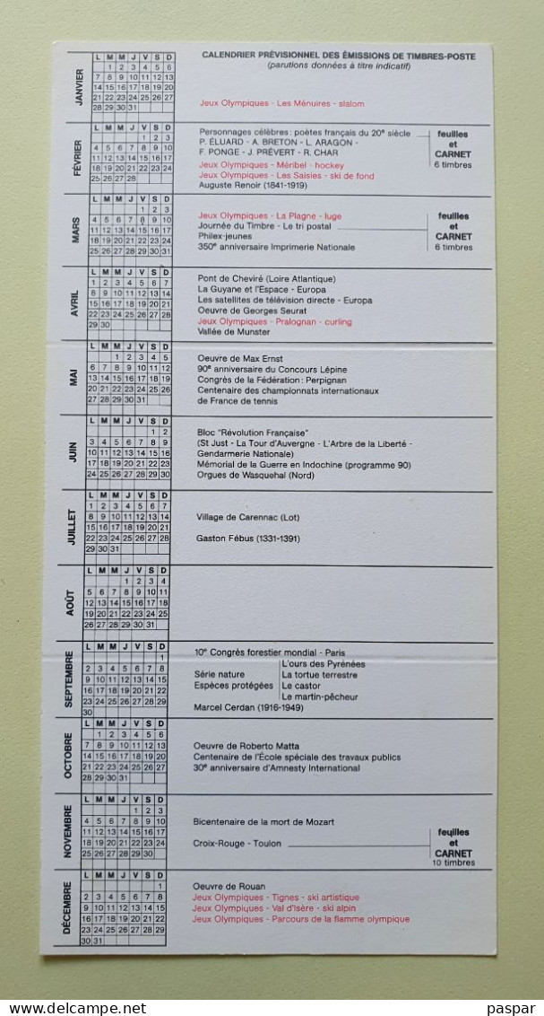 Calendrier Prévisionnel Des émissions Philatéliques 1991 - ALBERTVILLE 92 PARCOURS DE LA FLAMME OLYMPIQUE - Documents De La Poste