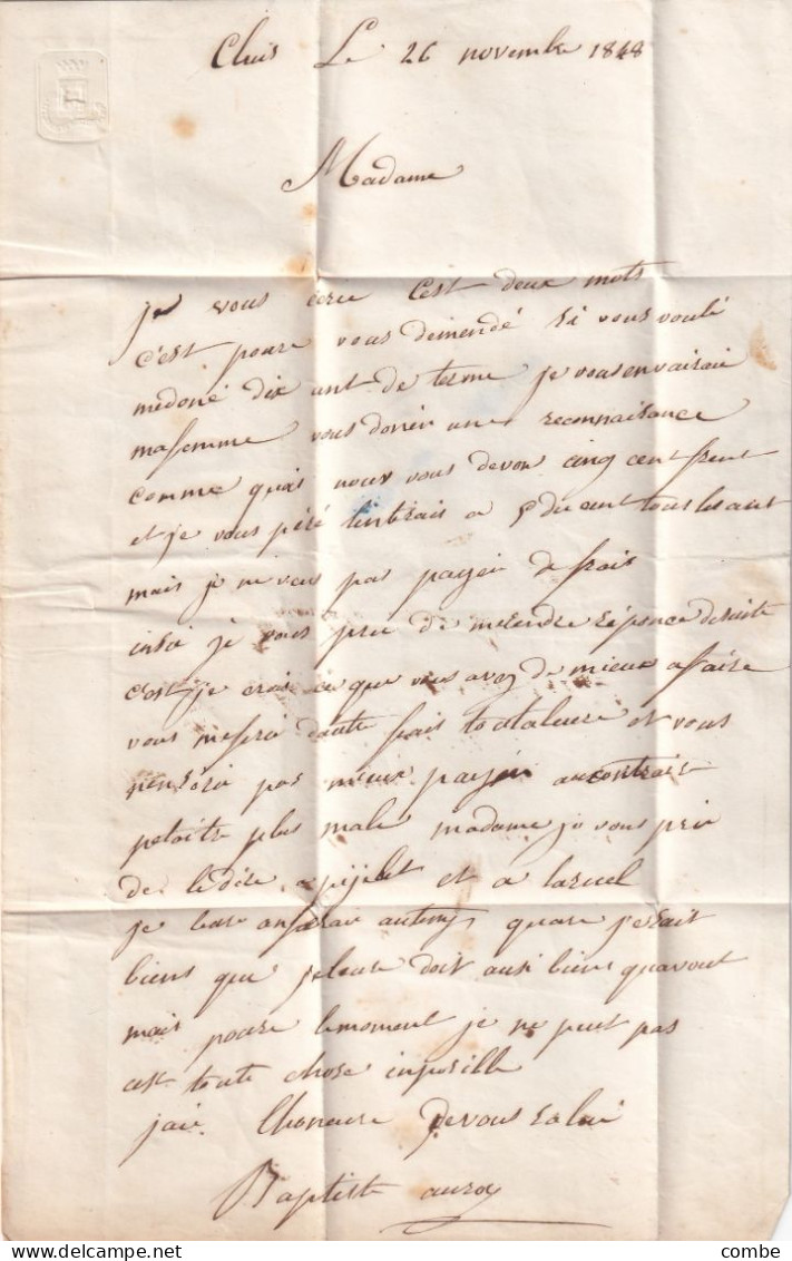 LETTRE. 26 NOV 1848. NEUVY-St SEPULCHRE. INDRE. CURSIVE 35 Cluis. POUR ISSOUDUN (noir Et Roge Arrivée). TAXE 3 - 1801-1848: Precursores XIX