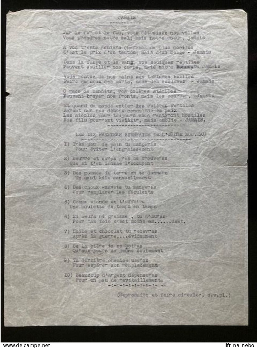 Tract Presse Clandestine Résistance Belge WWII WW2 'Jamais; Les Dix Premiers Bienfaits De L'ordre Nouveau' - Documents