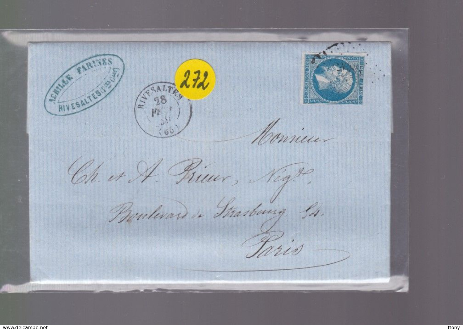 Un  Timbre  Napoléon III   N°  14     20 C Bleu   Sur  Lettre  Départ Rivesaltes   1859     Destination Paris - 1849-1876: Periodo Classico