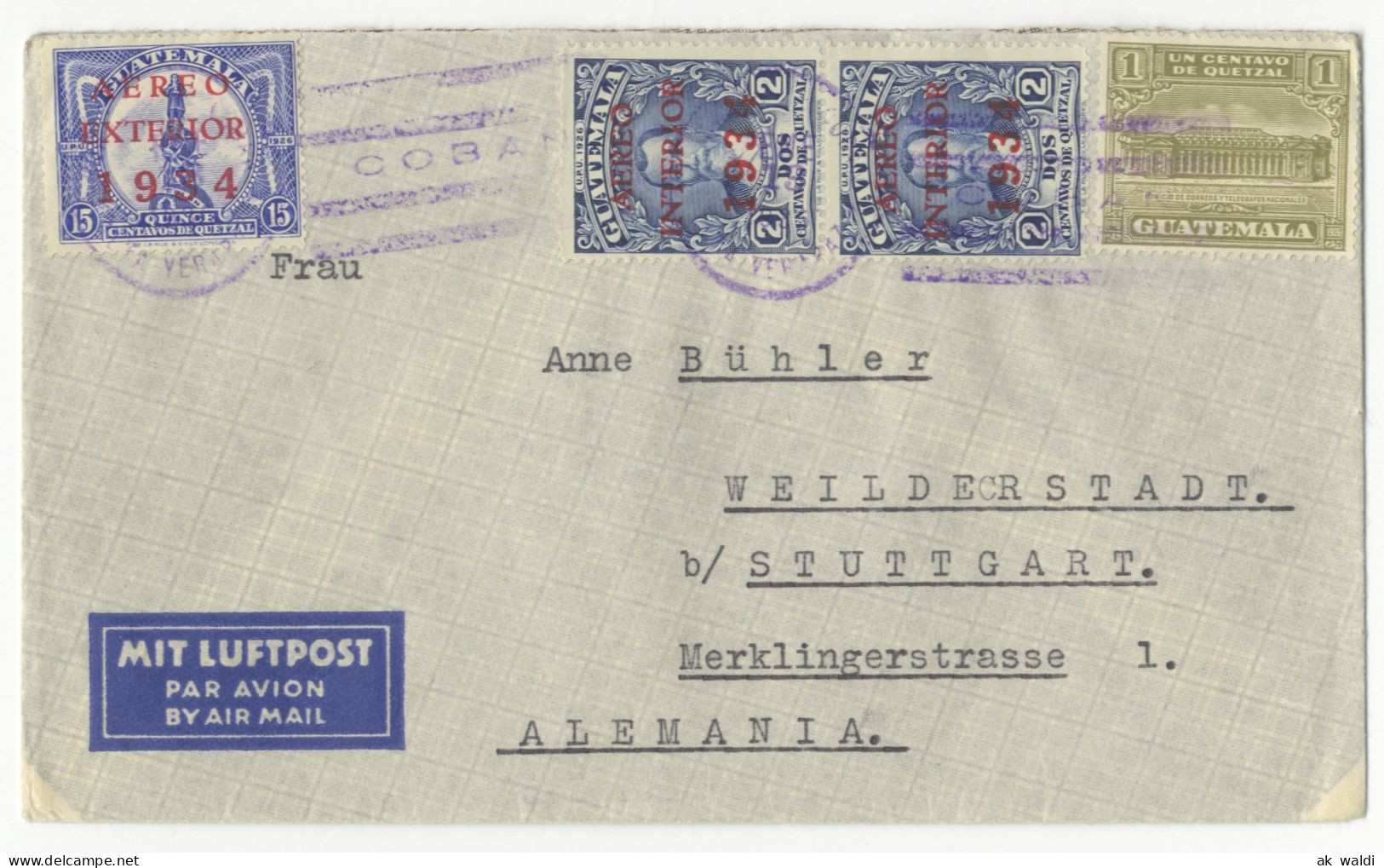 Guatemala, Coban, Luftpost, 1934    ( I ) - Guatemala