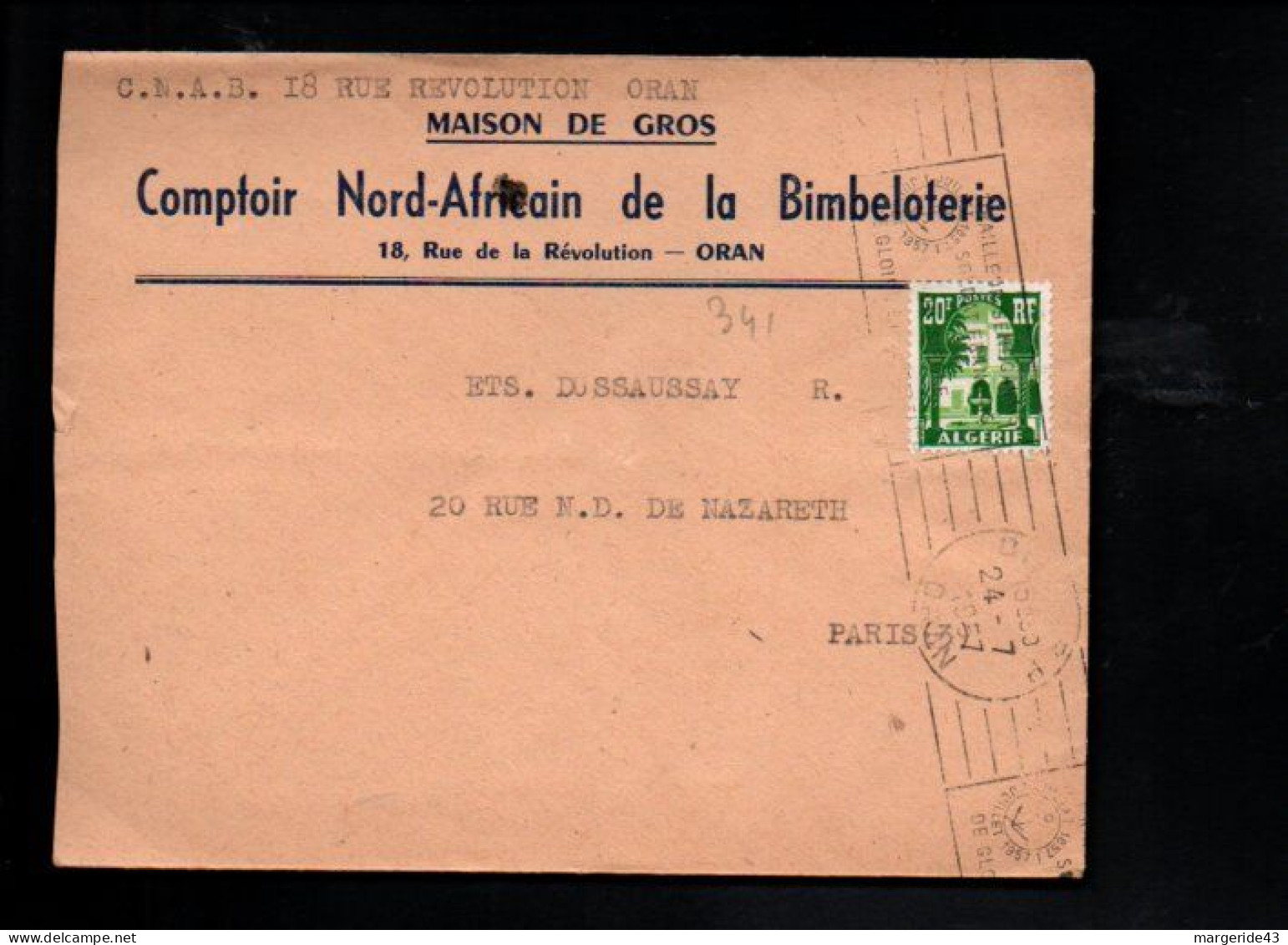 ALGERIE LETTRE A EN TETE DE ORAN POUR LA FRANCE 1957 - Lettres & Documents