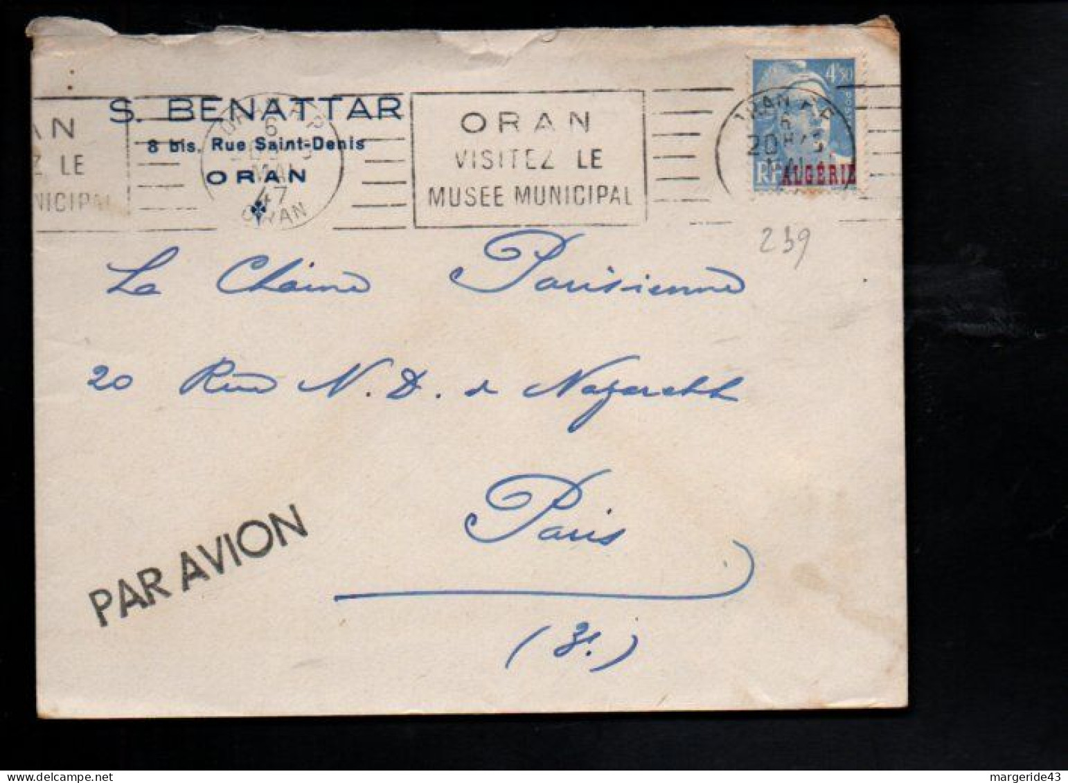 ALGERIE LETTRE A EN TETE DE ORAN POUR LA FRANCE 1947 - Lettres & Documents