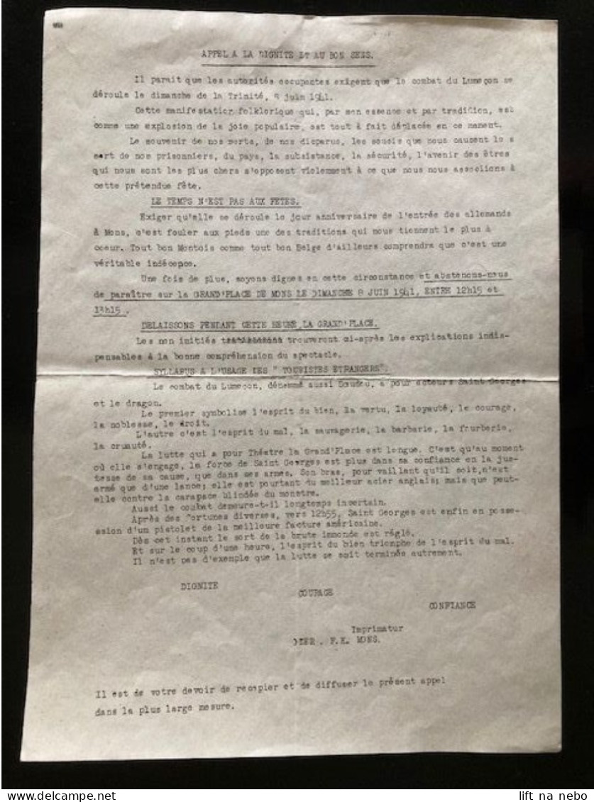 Tract Presse Clandestine Résistance Belge WWII WW2 'Appel à La Dignité Et Au Bon Sens' - Documenti