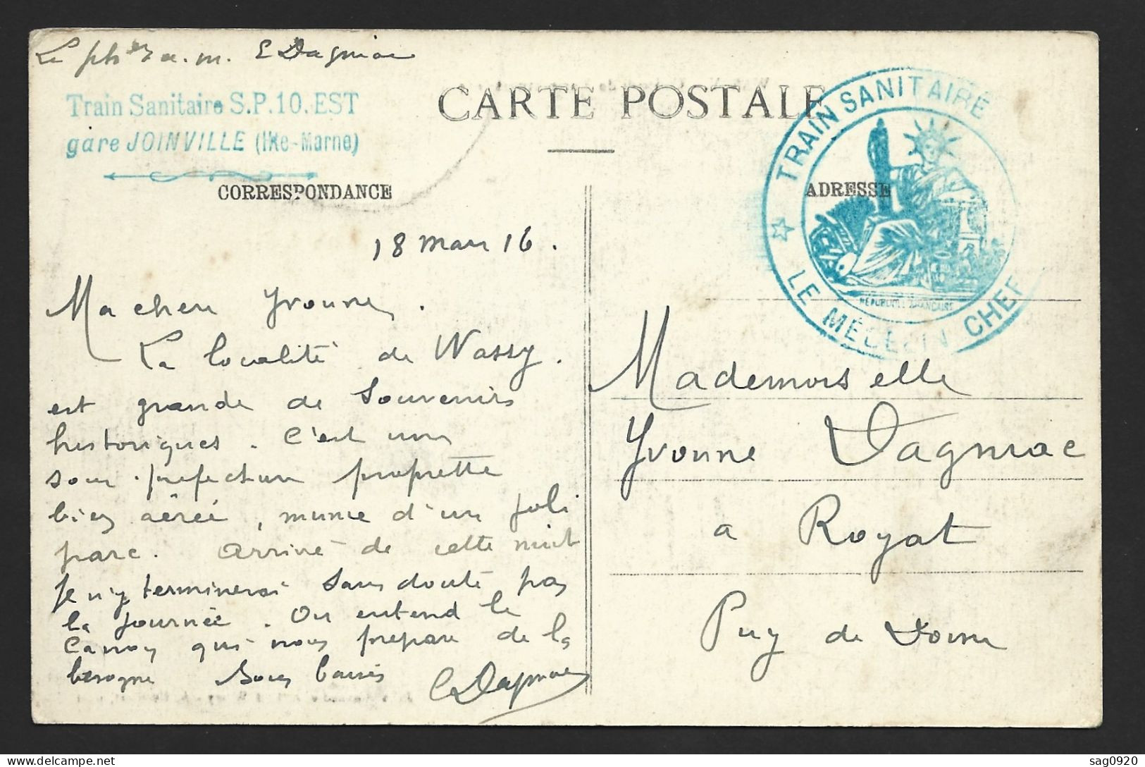 Carte Avec Marque Train Sanitaire S.P.10. EST Gare JOINVILLE (Hte Marne) - WW I