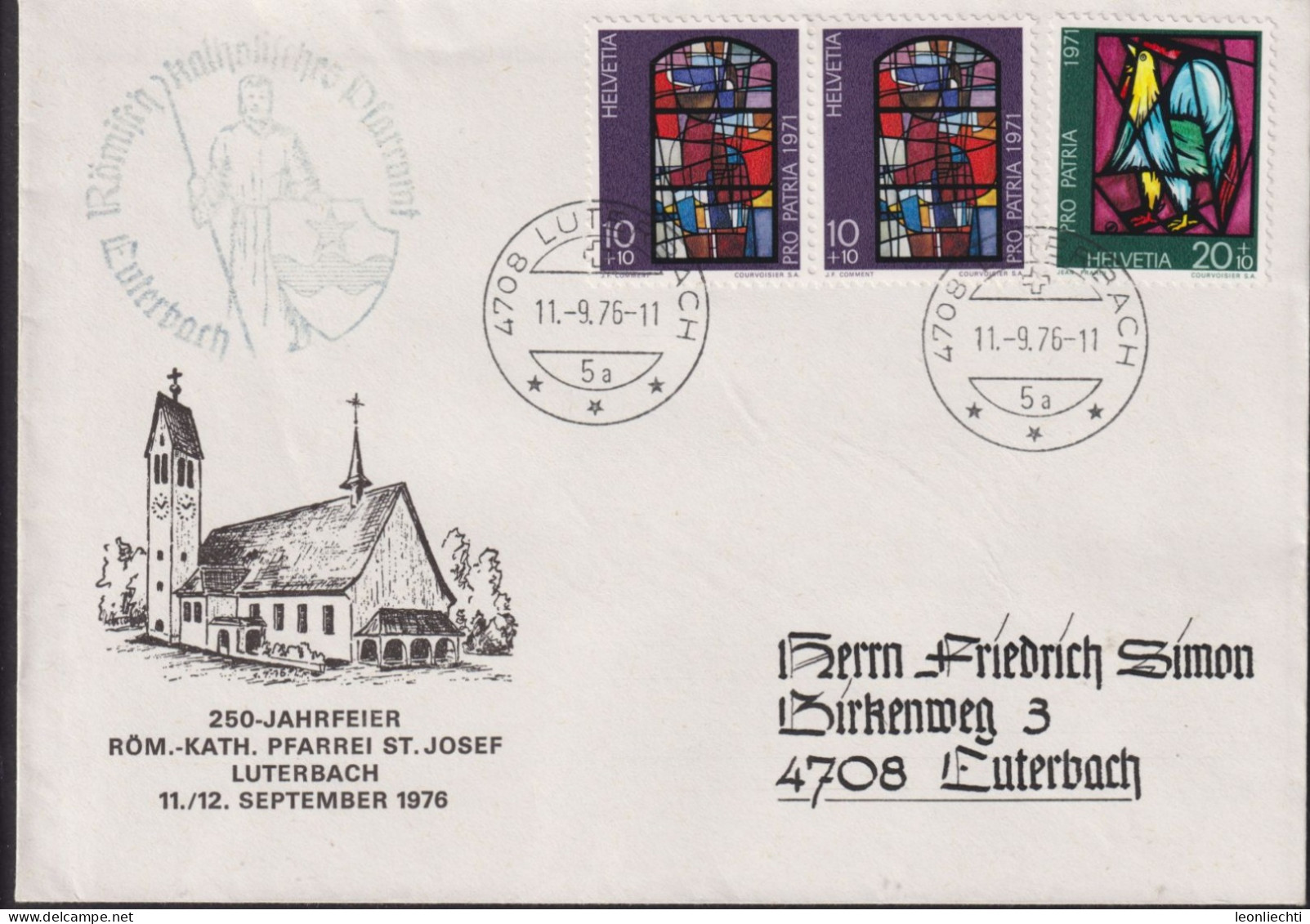 1971/76 Schweiz Brief Alte PLZ, 250 Jahre Röm.-Kat. Pfarrei St. Josef Luterbach Zum:CH B150+B151, Mi:CH 949+950 - Covers & Documents