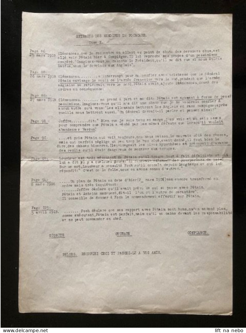 Tract Presse Clandestine Résistance Belge WWII WW2 'Extraits Des Mémoires De Poincare' - Documenti