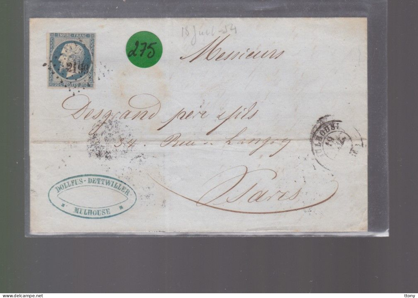 Un  Timbre  Napoléon III   N°  14     20 C Bleu   Sur  Lettre   Mulhouse  1854  Destination Paris  Pc  2199 - 1849-1876: Klassieke Periode