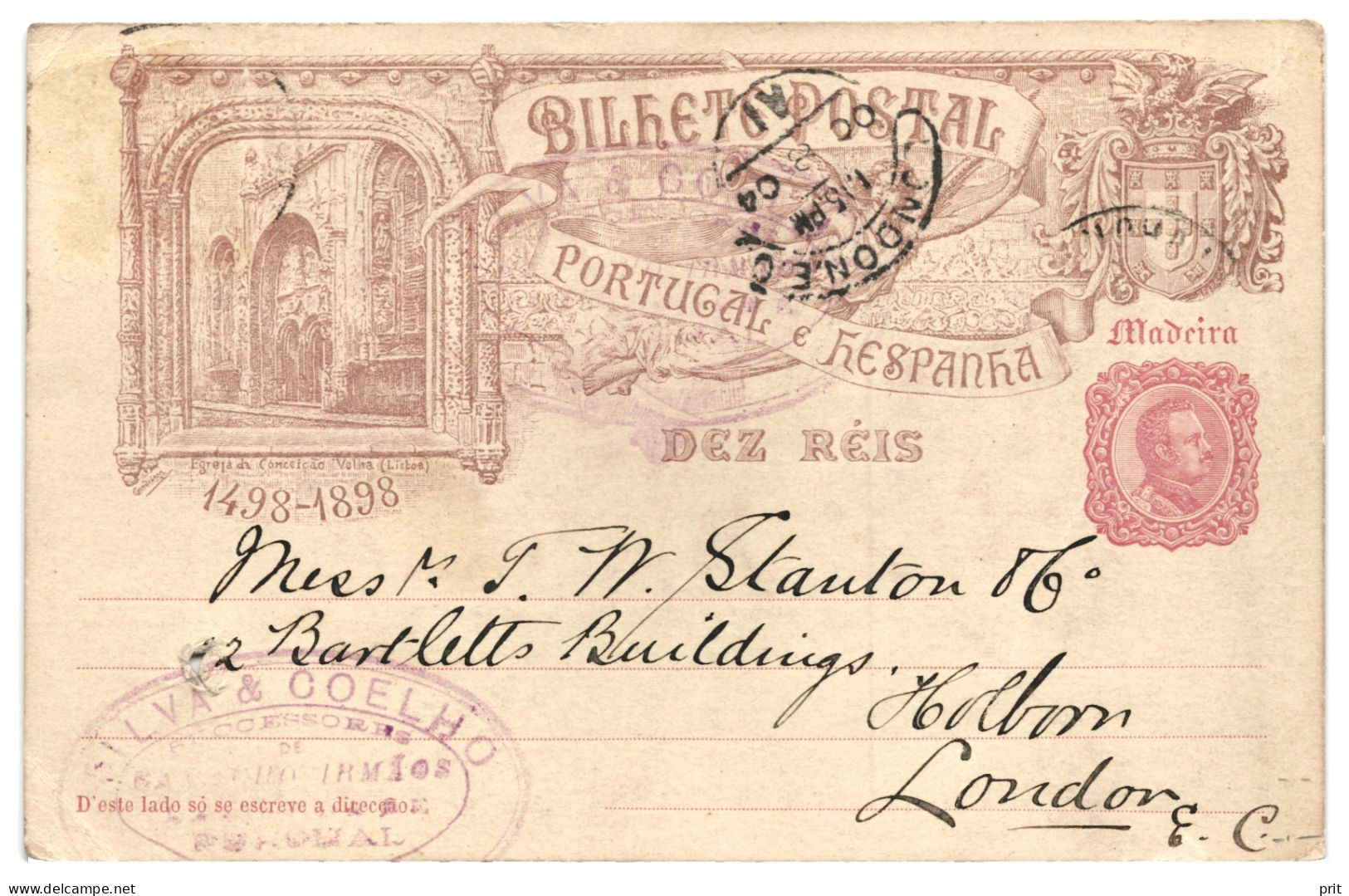 Madeira 1898 10R Used Postal Stationery Card To London, Posted In 1904, Nice London Arrival Postmark - Madeira