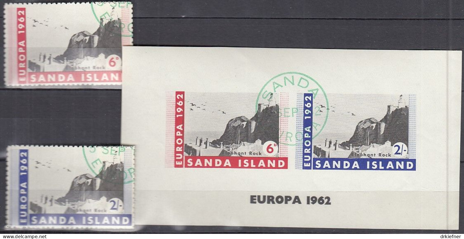 INSEL SANDA (Schottland), Nichtamtl. Briefmarken, Block + 2 Marken, Gestempelt, Europa 1962, Elefantenfelsen - Schottland