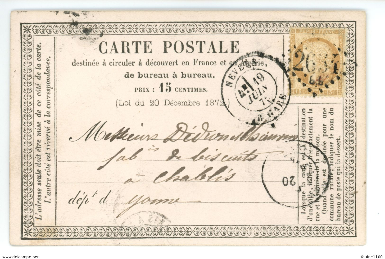 CARTE PRECURSEUR Envoi De ? De NEVERS 58 Pour Fabrique De Biscuits DEDRON Et CHAUVIN à CHABLIS Ambulant PARIS A AUXERRE - 1849-1876: Klassieke Periode