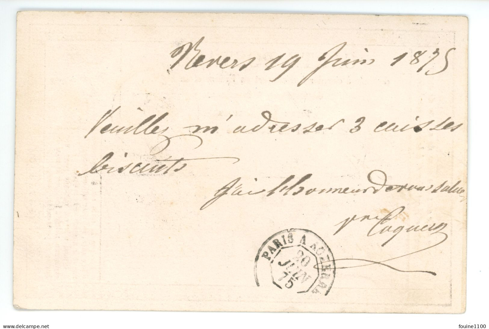 CARTE PRECURSEUR Envoi De ? De NEVERS 58 Pour Fabrique De Biscuits DEDRON Et CHAUVIN à CHABLIS Ambulant PARIS A AUXERRE - 1849-1876: Periodo Clásico