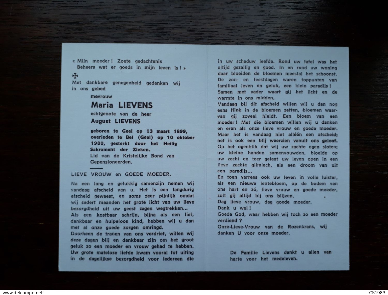 Maria Lievens ° Geel 1899 + Bel (Geel) 1980 X August Lievens - Obituary Notices