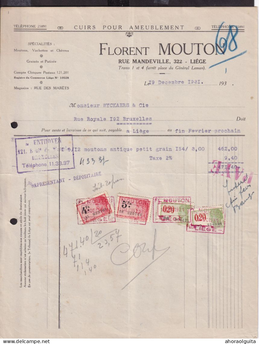 DDGG 077 - Facture 1931 - Cuirs Pour Ameublement Florent MOUTON à LIEGE - Cachets De La Firme Sur Timbres Fiscaux - 1900 – 1949