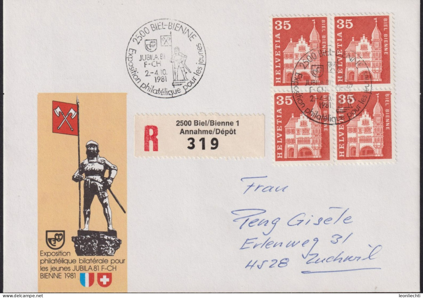 1981 Schweiz R-Brief, Exposition Philatélique Bilatérale Pour Les Jeunes, JUBLA 81 F-CH  Zum:CH 361, Mi:CH 702, Biel - Briefmarkenausstellungen
