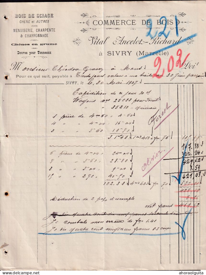 DDGG 078 - Facture 1907 Commerce De Bois Vital Ancelot-Richard à SIVRT ( Marzelle) - Landbouw