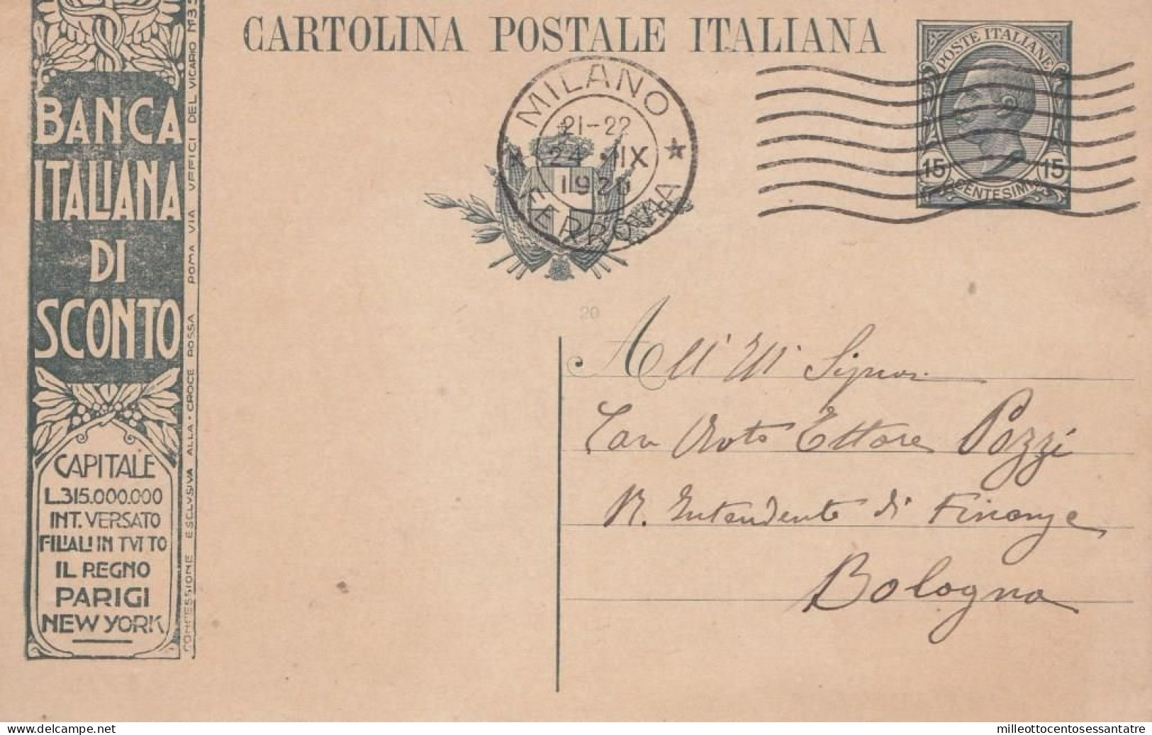 2318 - REGNO - Intero Postale Pubblicitario "BANCA ITALIANA DI SCONTO " Da Cent.15 Ardesia Del 1920 Da Milano A Bologna - Reclame