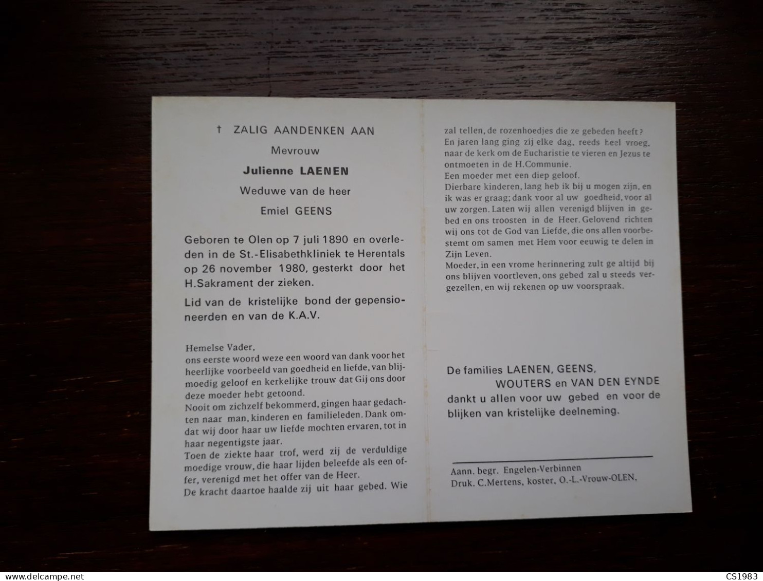 Julienne Laenen ° Olen 1890 + Herentals 1980 X Emiel Geens (Fam: Wouters - Van Den Eynde) - Obituary Notices