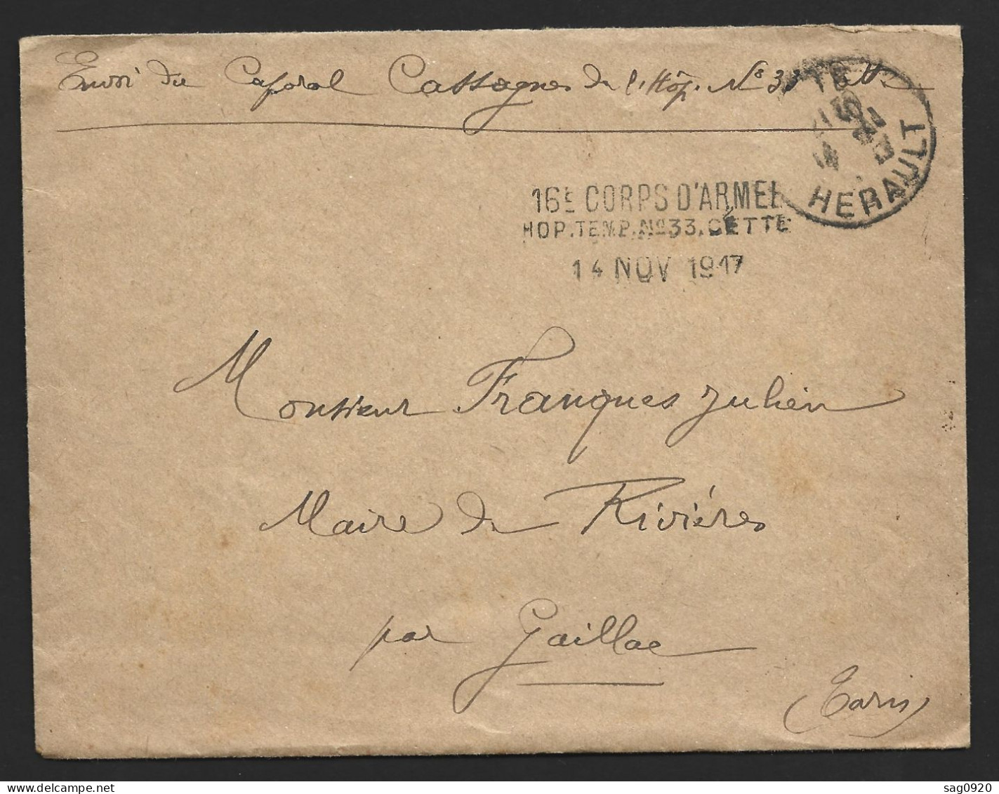 Enveloppe Avec Marque 16E CORPS D4ARMEE HOP.TEMP.N°33 CETTE - Guerra Del 1914-18