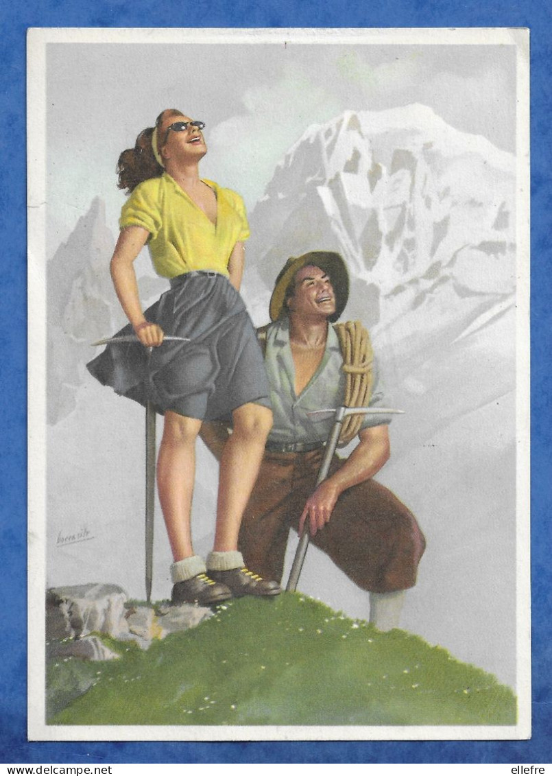 CPSM Illustrateur Boccasile Publicité Pour Le Tourisme Dans Le Val D' Aoste Couple Alpinisme Carte Vintage 10/15 Cm - Autres & Non Classés