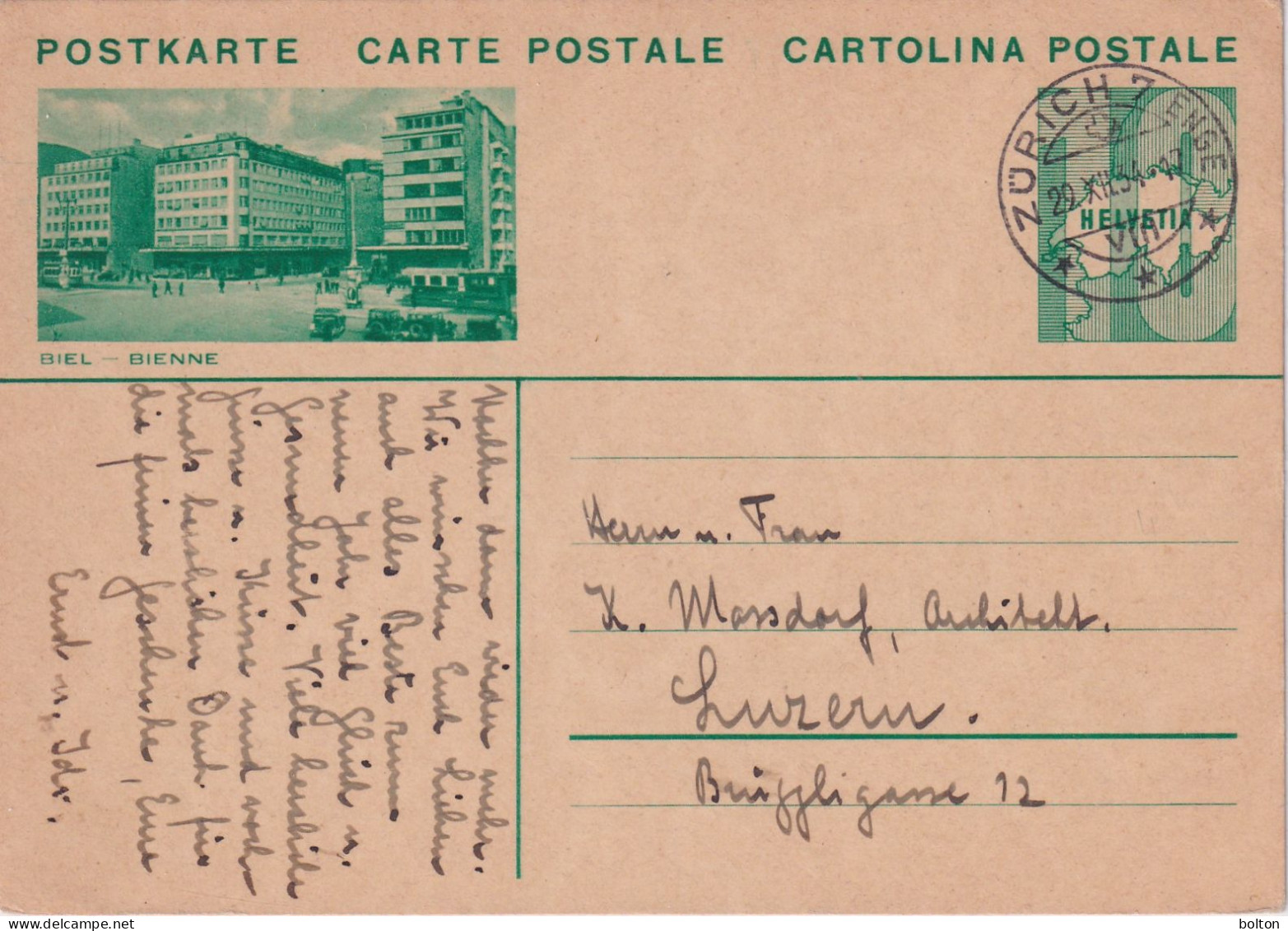 Intero Postale 10c Figurato BIEL  -  BIEN  Con Annullo Meccanico - Briefe U. Dokumente