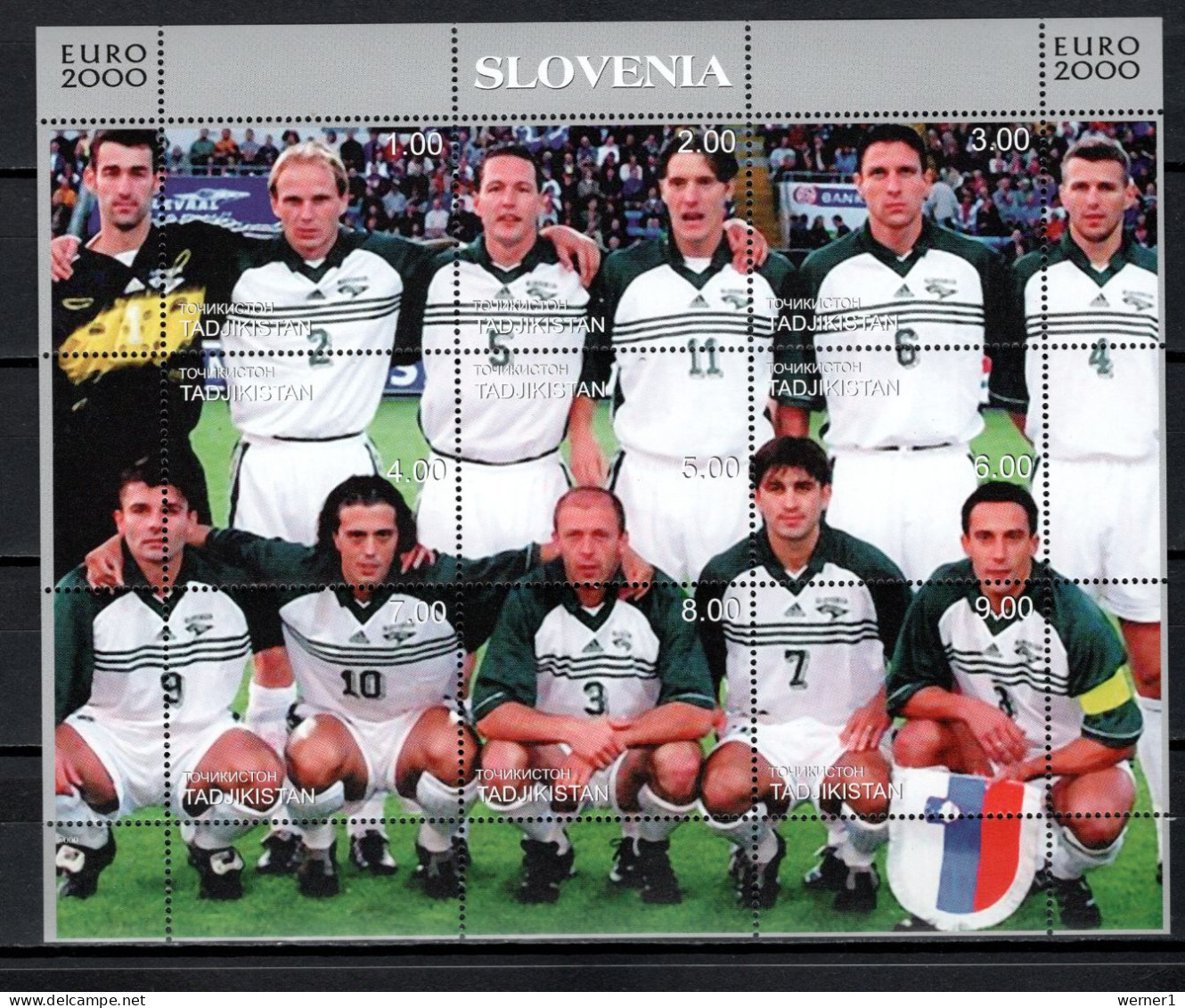 Tadzikistan 2000 Football Soccer European Championship, Sheetlet With Slovenia Team MNH - Europees Kampioenschap (UEFA)
