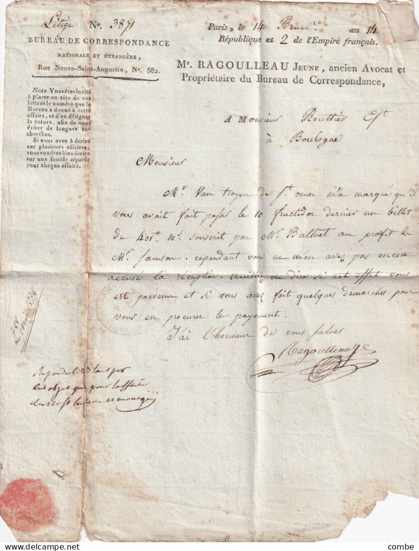 LETTRE. 14 BRUMAIRE AN 14. PARIS. LITIGE N° 3871. BUREAU DE CORRESPONDANCE NATIONALE ET ETRANGERE - 1801-1848: Precursores XIX