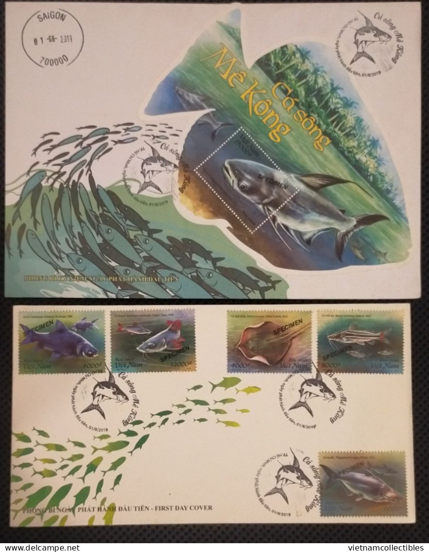 Full Set Of Viet Nam Vietnam FDC Covers With Specimen Stamps & Souvenir Sheet 2019 : Mekong Fishes / Fish (Ms1112) - Viêt-Nam