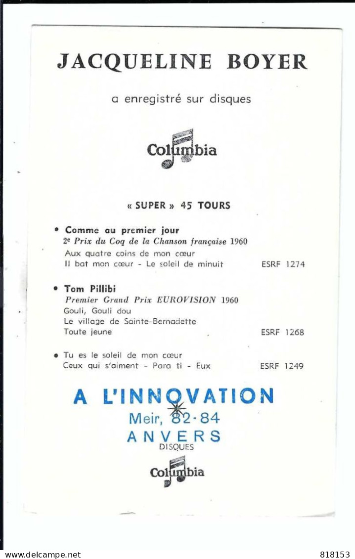 JACQUELINE BOYER   1er Grand Prix EUROVISION 1960  (gesigneerd) - Chanteurs & Musiciens
