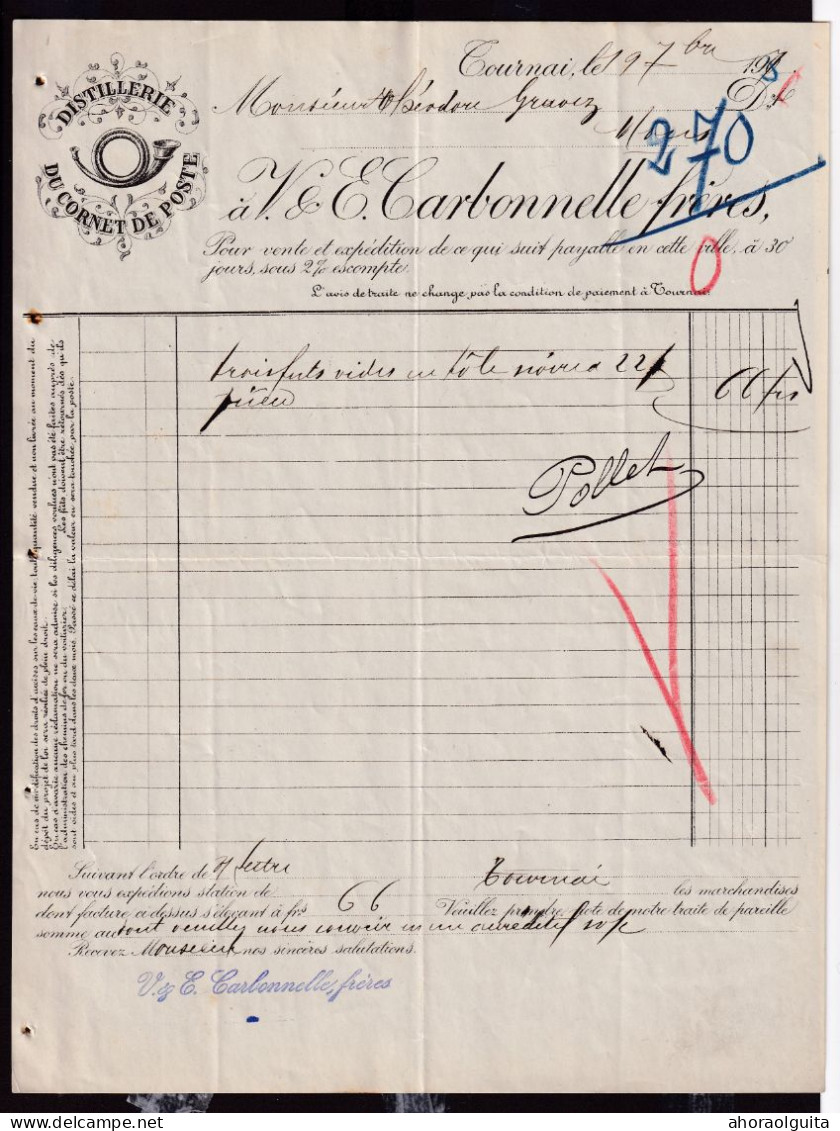 DDGG 080 - Facture Illustrée 1907 DISTILLERIE Du Cornet De Poste - Carbonnelle Frères à TOURNAI - Levensmiddelen