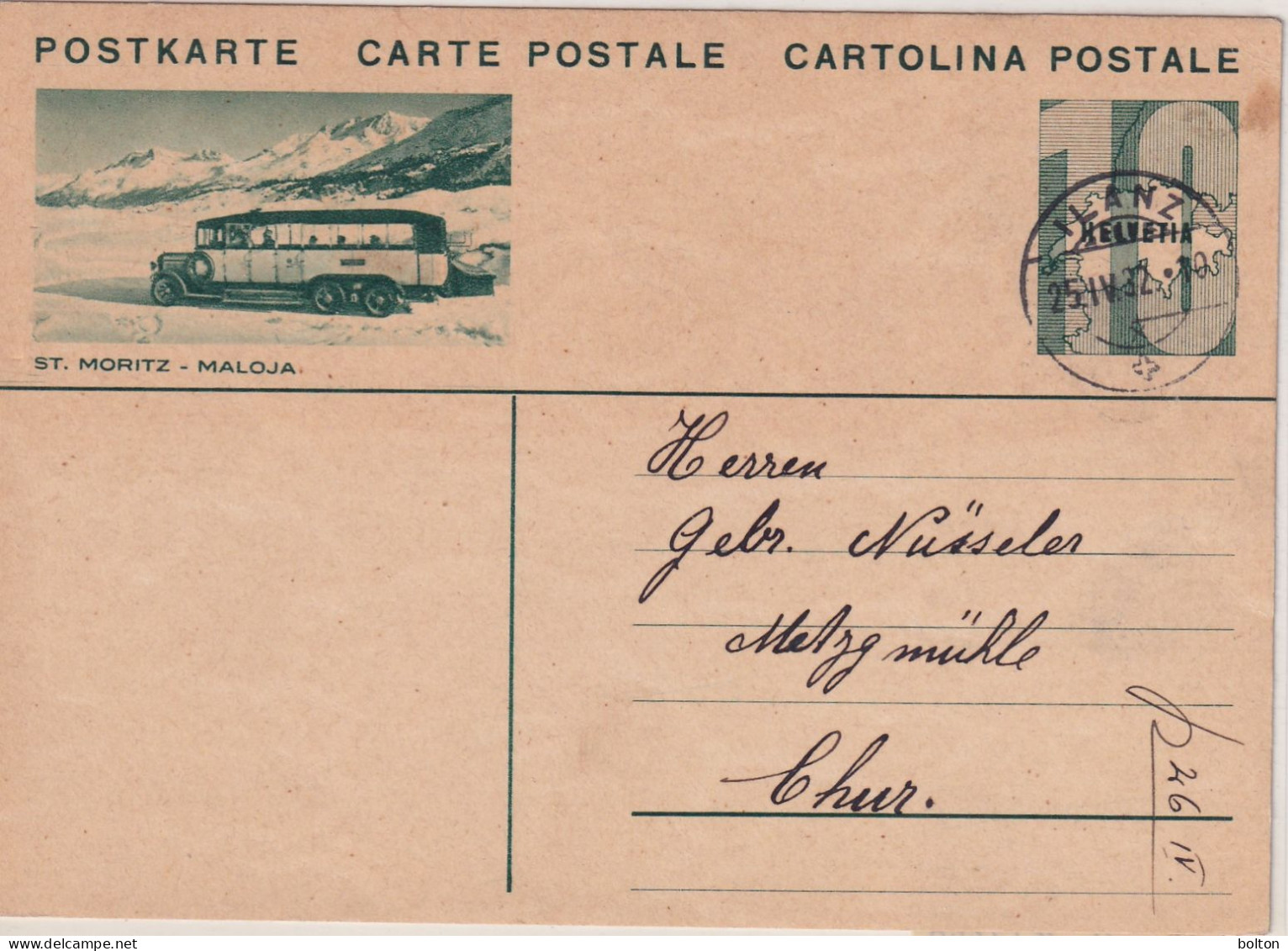 1932 Svizzera Intero Postale 10c Figurato ST. MORITZ - MALPOJA - Storia Postale