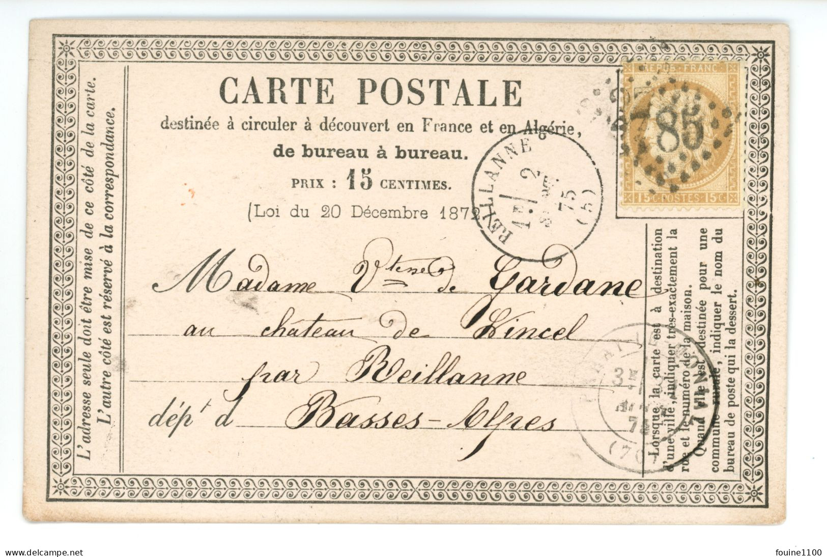 CARTE PRECURSEUR Vicomtesse DE GARDANE Château De Lincel REILLANNE 04 / Libraire BIDEAUD MUSSET à PARAY LE MONIAL - 1849-1876: Classic Period