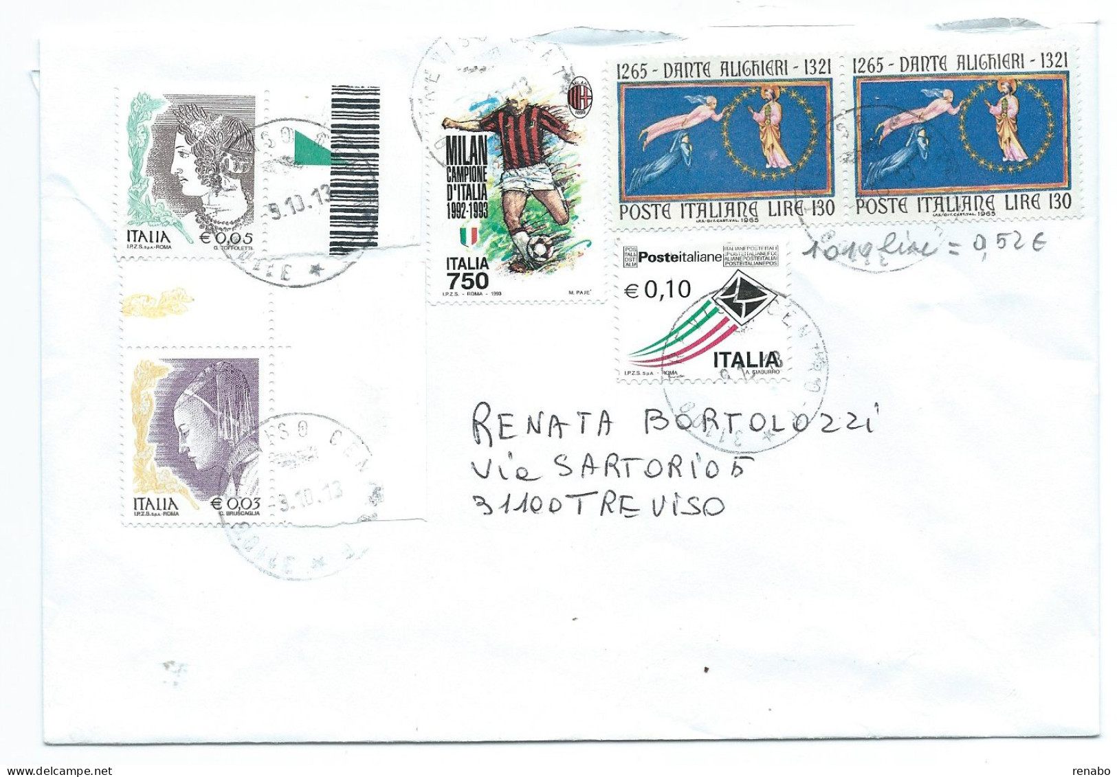 Italia 2013 ; Busta Viaggiata Con Francobolli Fuoricorso = Dante Alighieri Del 1965 + Milan Campione D' Italia +"Donne" - 2011-20: Storia Postale