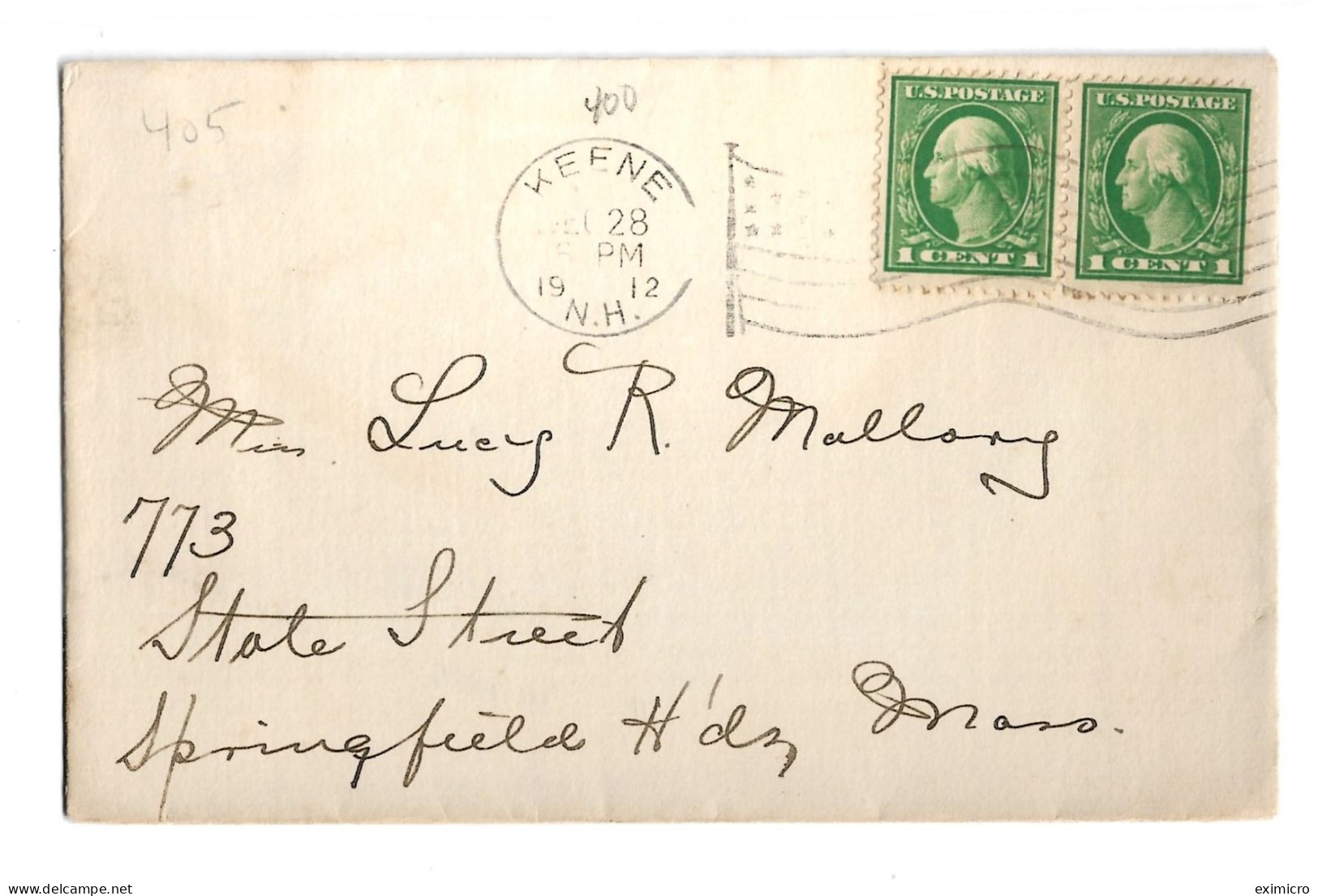 USA 1912 COVER FROM KEENE,N.H. TO SPRINGFIELD, MASS WITH RELEVANT PMK/CACHETS - Lettres & Documents