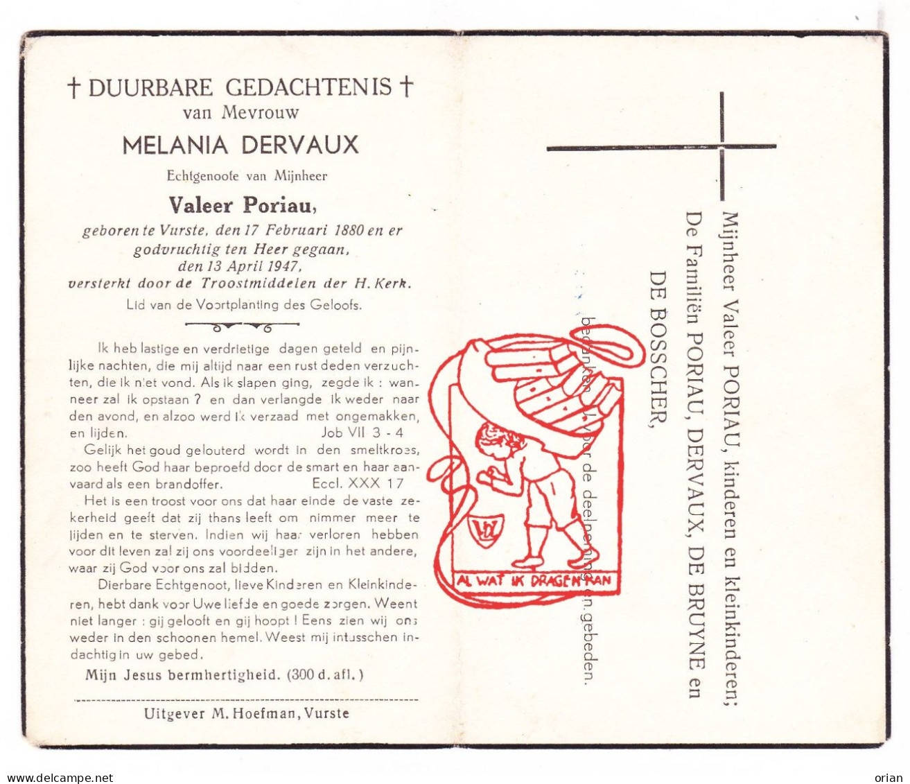DP Melania Dervaux ° Vurste Gavere 1880 † 1947 X Valeer Poriau // De Bruyne De Bosscher - Devotion Images