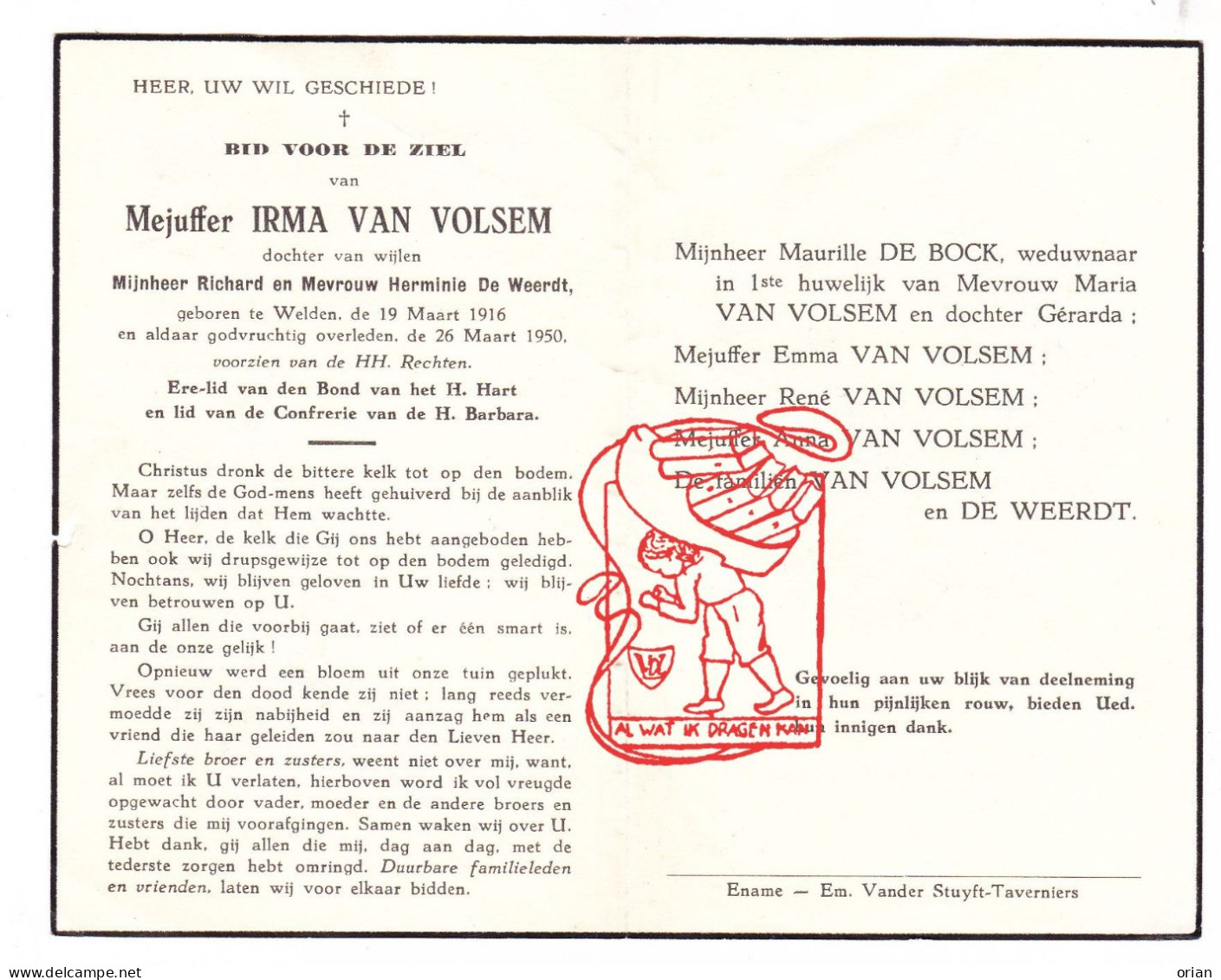 DP Juff. Irma Van Volsem / De Weerdt 34j. ° Welden 1916 † 1950 De Bock - Andachtsbilder