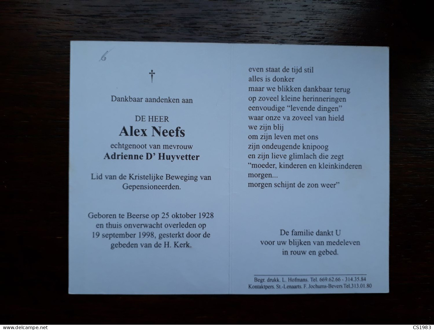 Alex Neefs ° Beerse 1928 + 1998 X Adrienne D'Huyvetter - Esquela