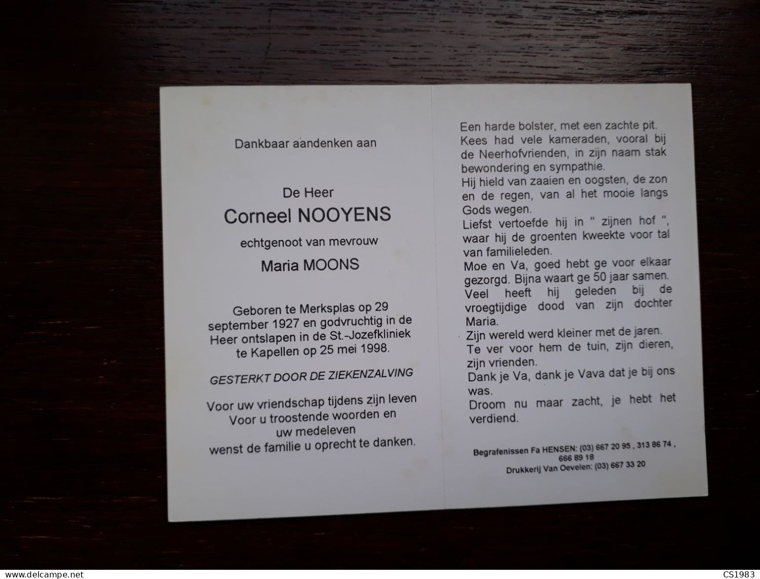 Corneel Nooyens ° Merksplas 1927 + Kapellen 1998 X Maria Moons - Esquela