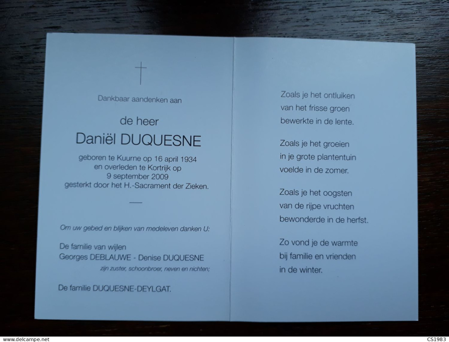 Daniël Duquesne ° Kuurne 1934 + Kortrijk 2009 (Fam: Deylgat - Deblauwe) - Esquela