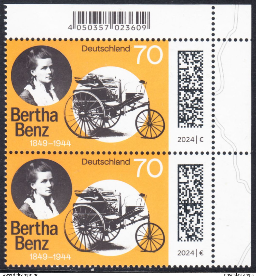 !a! GERMANY 2024 Mi. 3829 MNH Vert.PAIR From Upper Right Corner - Cäcilie Berta Benz, German Automobile Pioneer - Unused Stamps