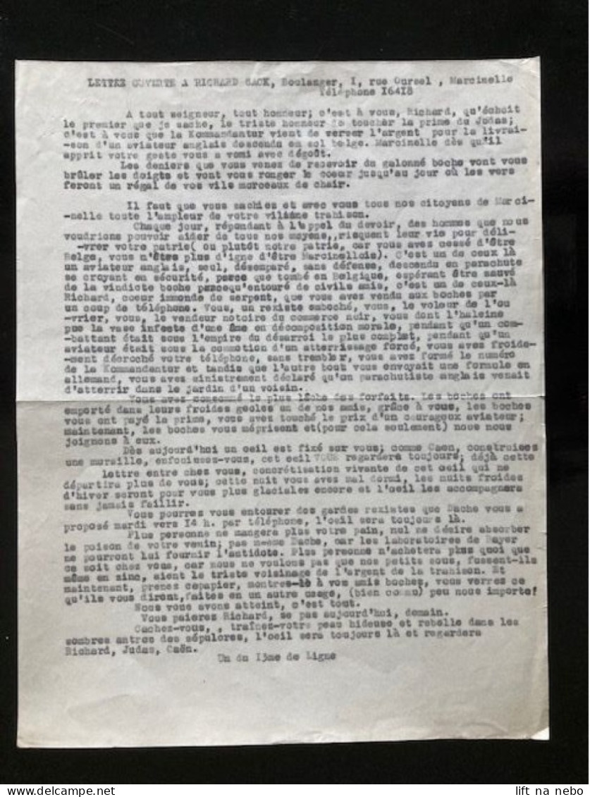 Tract Presse Clandestine Résistance Belge WWII WW2 'Lettre Ouverte à Richard Sack, Boulanger...' - Documenti