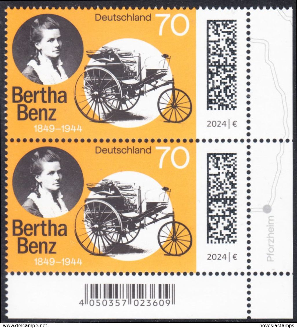 !a! GERMANY 2024 Mi. 3829 MNH Vert.PAIR From Lower Right Corner - Cäcilie Berta Benz, German Automobile Pioneer - Unused Stamps