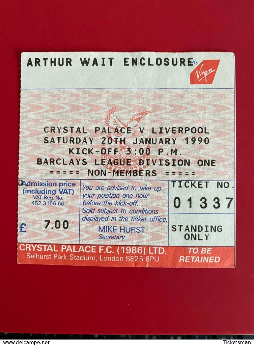 Football Ticket Billet Jegy Biglietto Eintrittskarte Crystal Palace - Liverpool FC 20/01/1990 - Tickets D'entrée