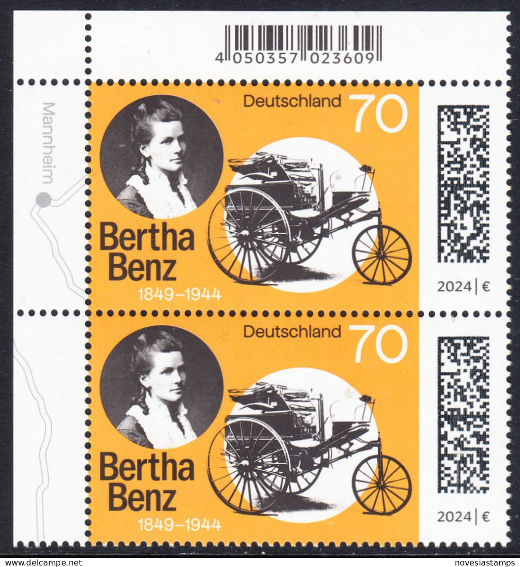 !a! GERMANY 2024 Mi. 3829 MNH Vert.PAIR From Upper Left Corner - Cäcilie Berta Benz, German Automobile Pioneer - Unused Stamps