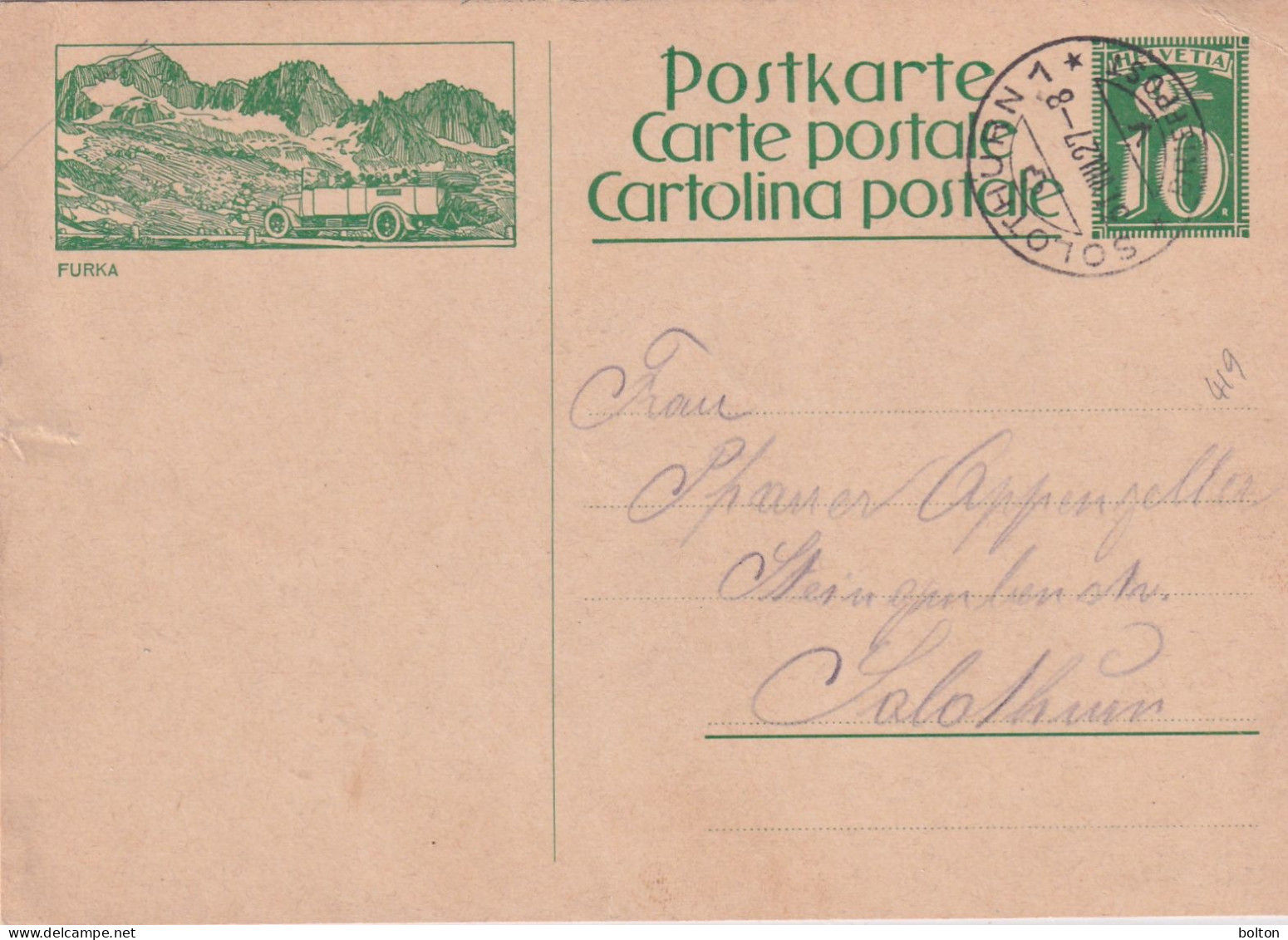 1927 Svizzera Intero Postale 10c Figurato Autobus  FURKA - Briefe U. Dokumente