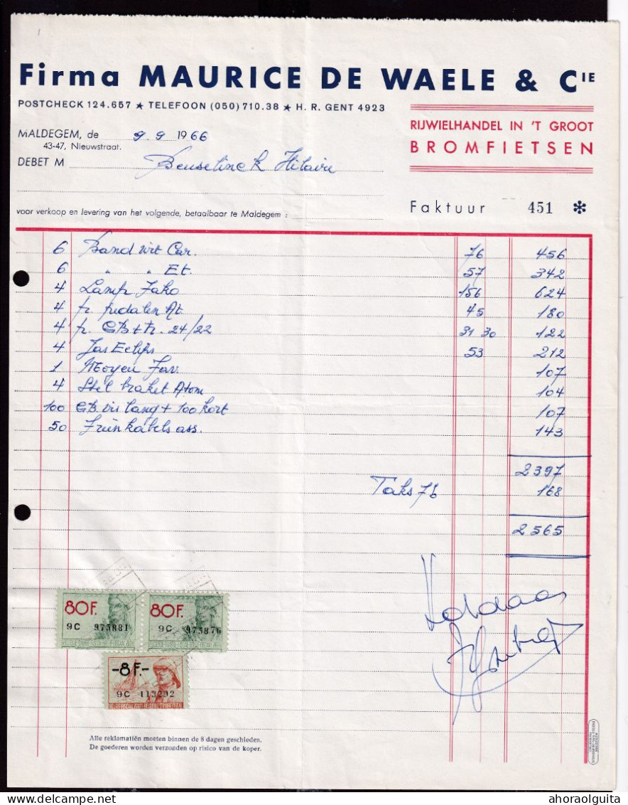DDGG 082 - VELO/RIJWIEL - MALDEGEM Maurice De Waele § Cie Rijwiel Handel In Het Groot Faktuur 1966 + Fiskale Zegels - Transport